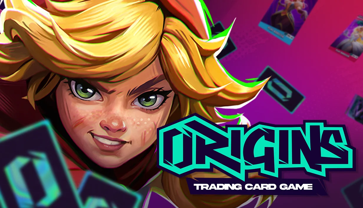 Origins TCG key art: a grinning heroine with a pile of cards and the Origins logo